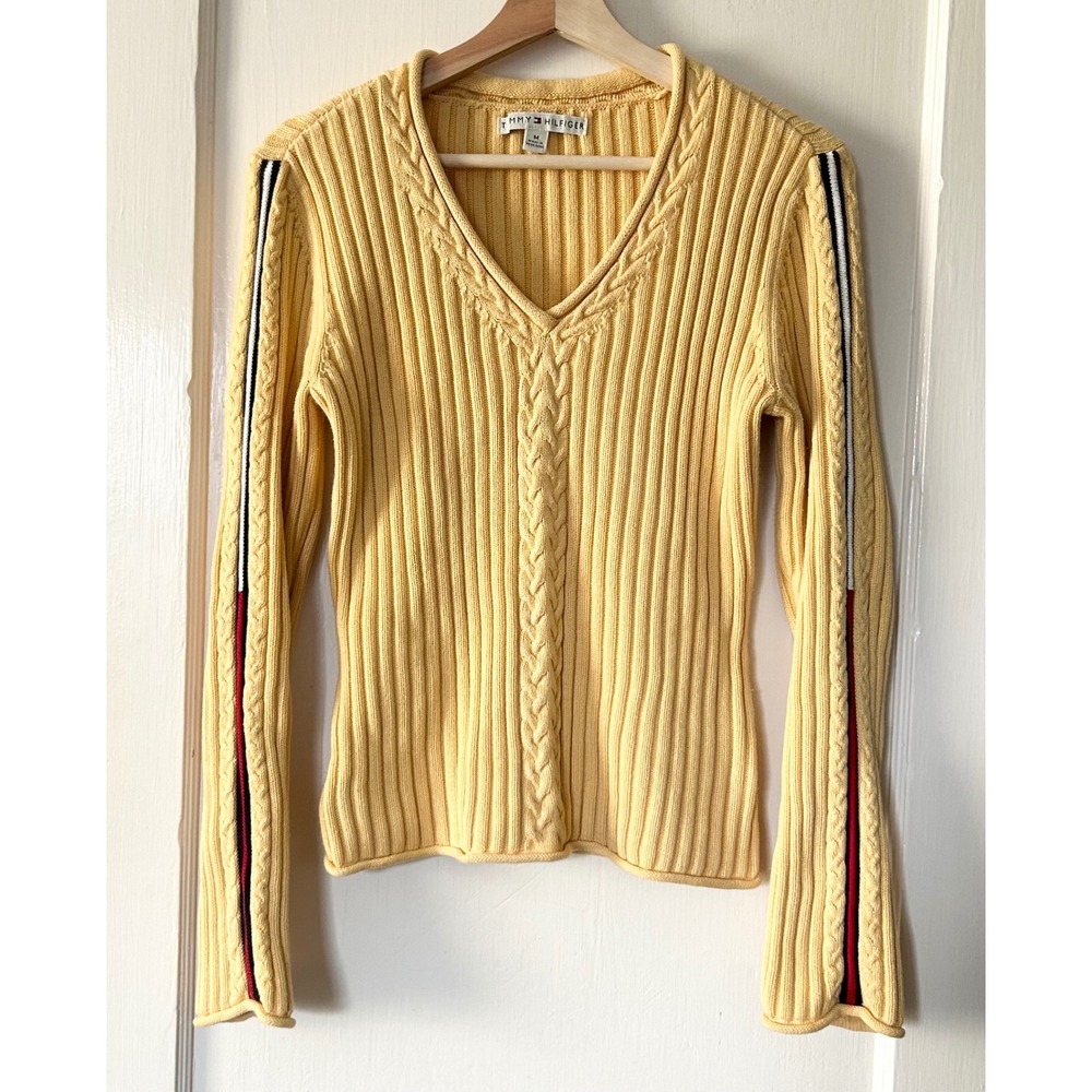 Vtg Y2K Tommy Hilfiger Women's Cotton Ribbed Cable Knit V Neck Sweater Yellow M